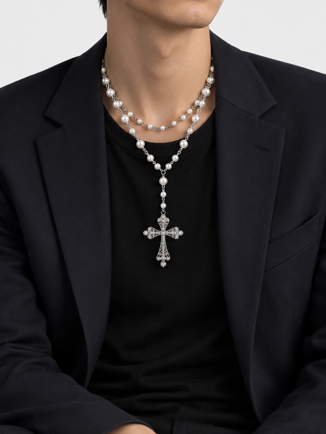 Long Pearl Cross Pendant Necklace