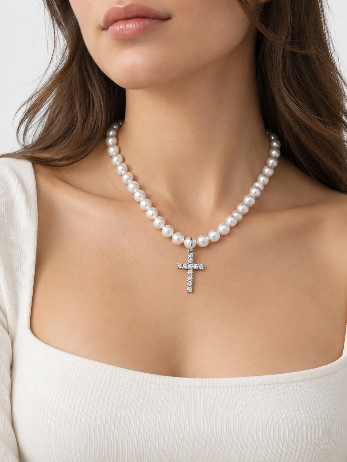 Pearl Necklace with a Cross Pendant