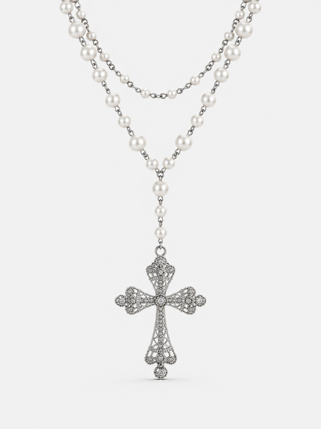 Long Pearl Cross Pendant Necklace