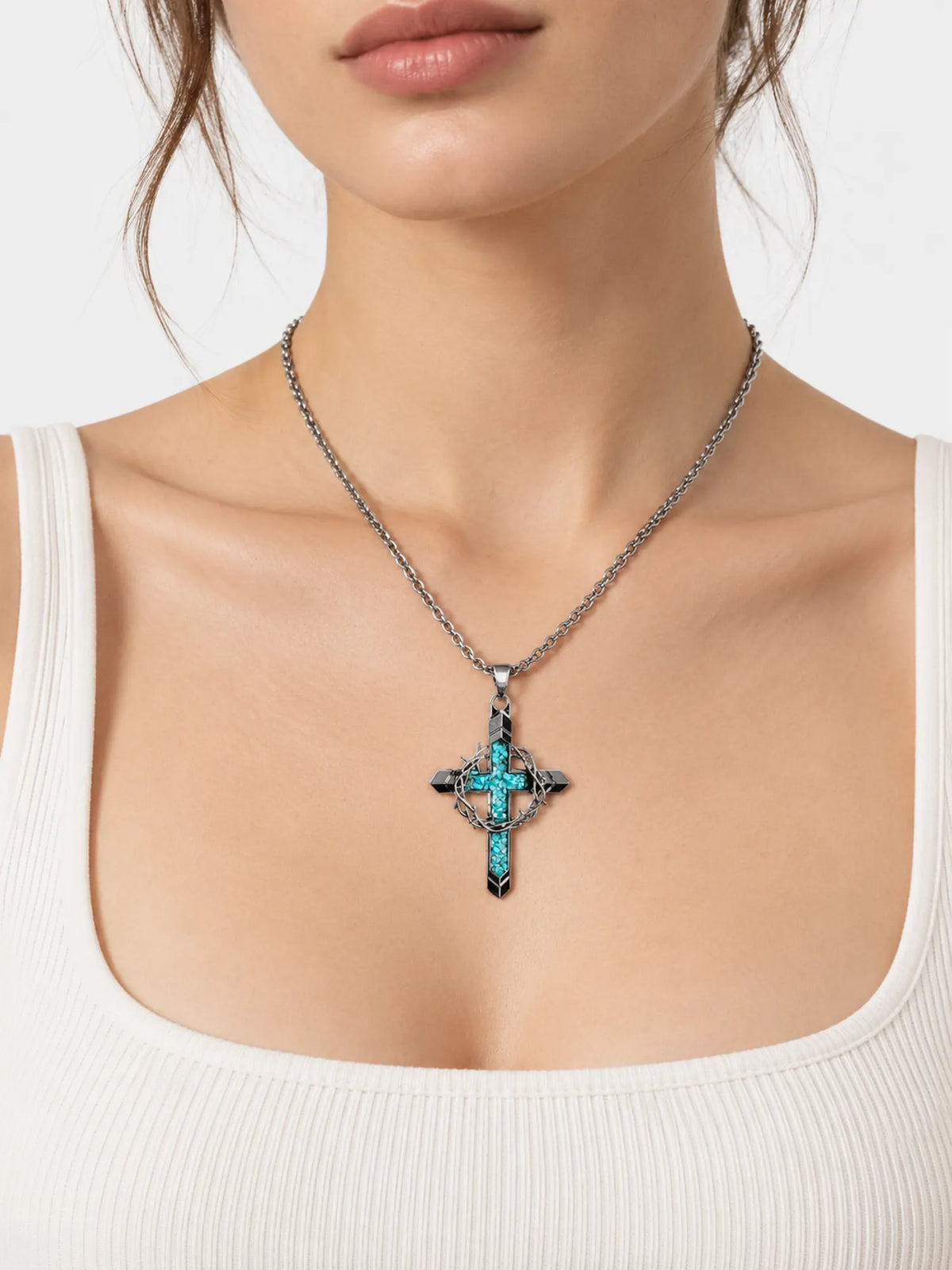 Silver & Turquoise Thorn Cross Necklace