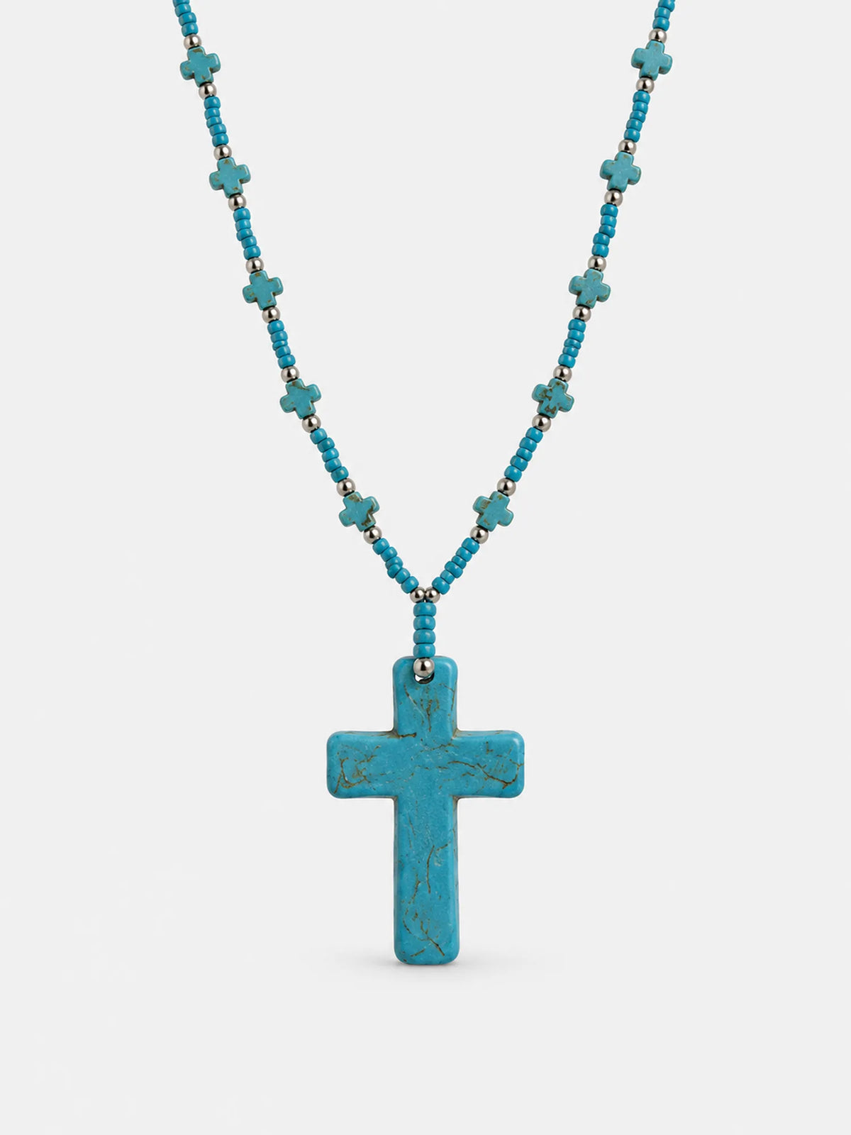 Grand collier avec croix turquoise – Pendentif long perlé