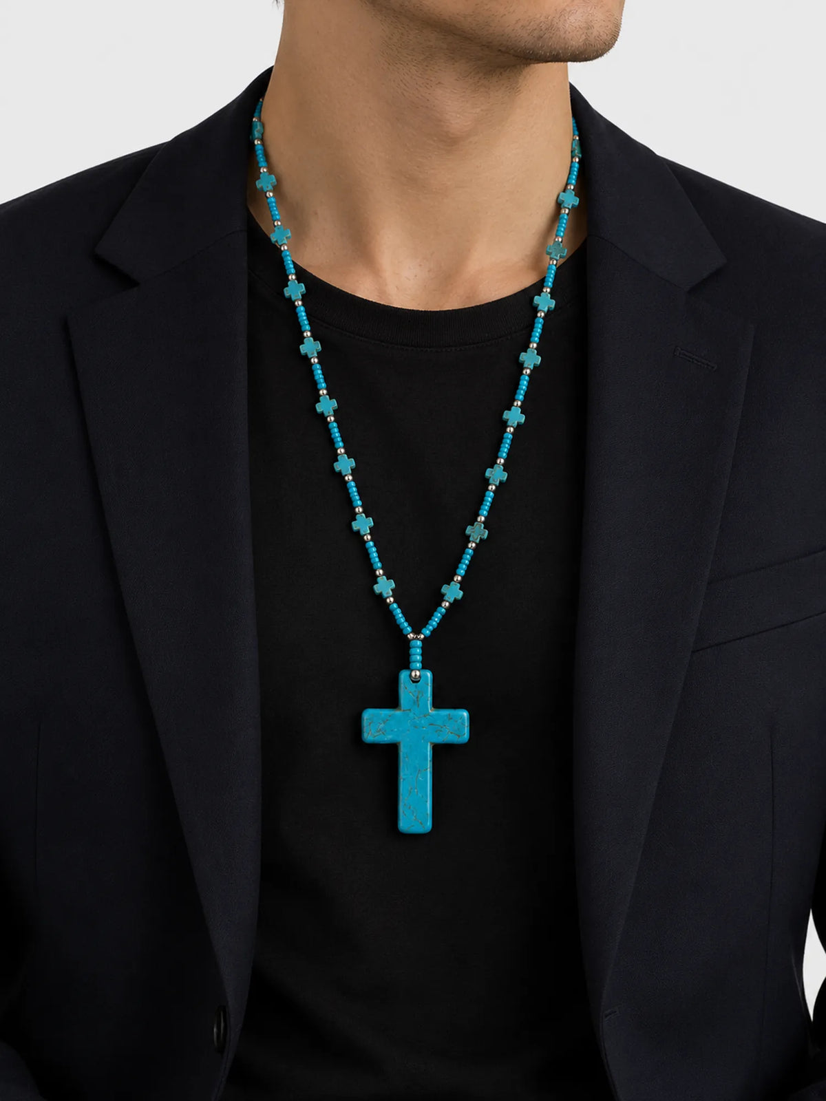Large Turquoise Cross Necklace – Long Beaded Pendant