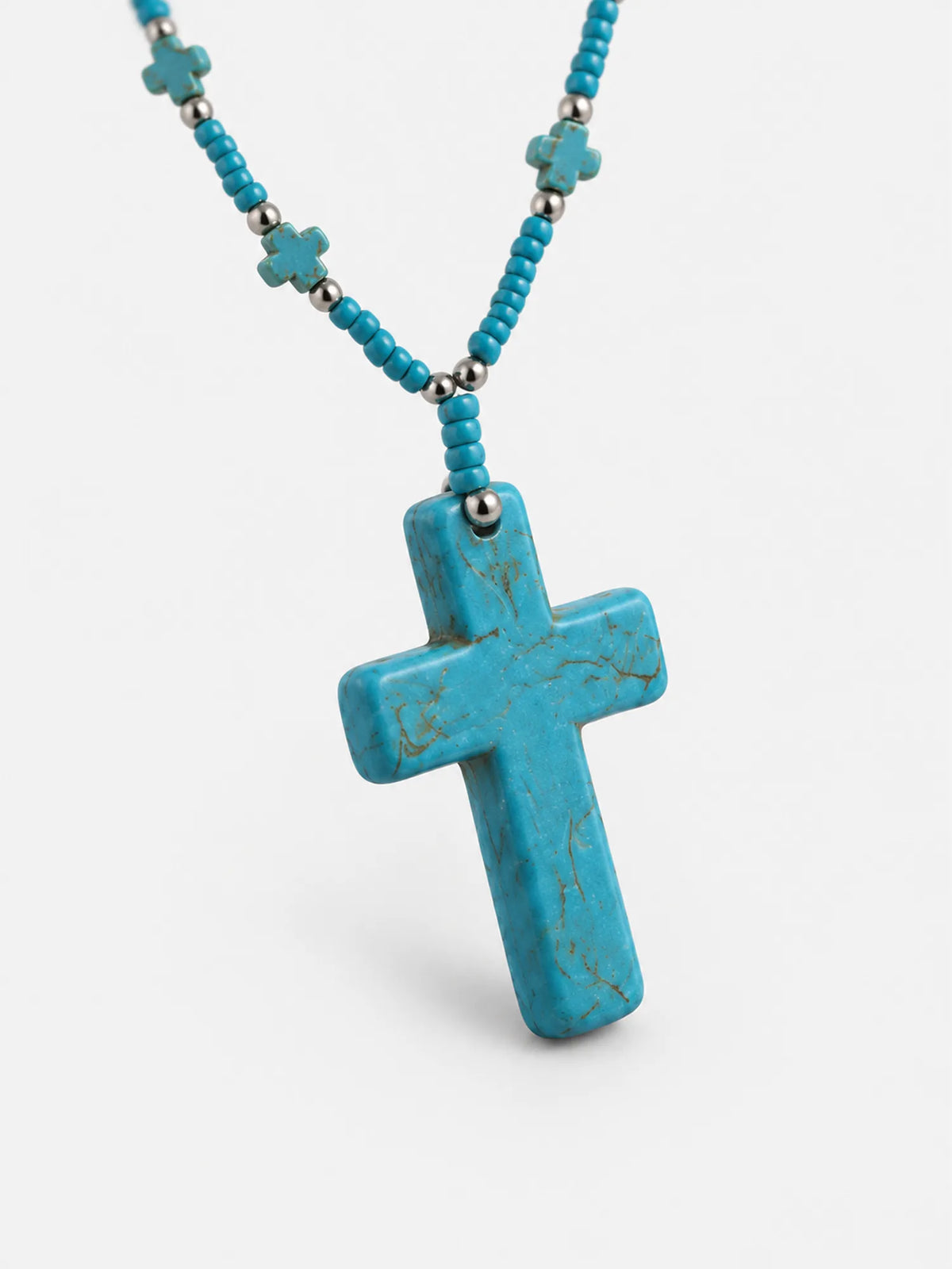 Large Turquoise Cross Necklace – Long Beaded Pendant