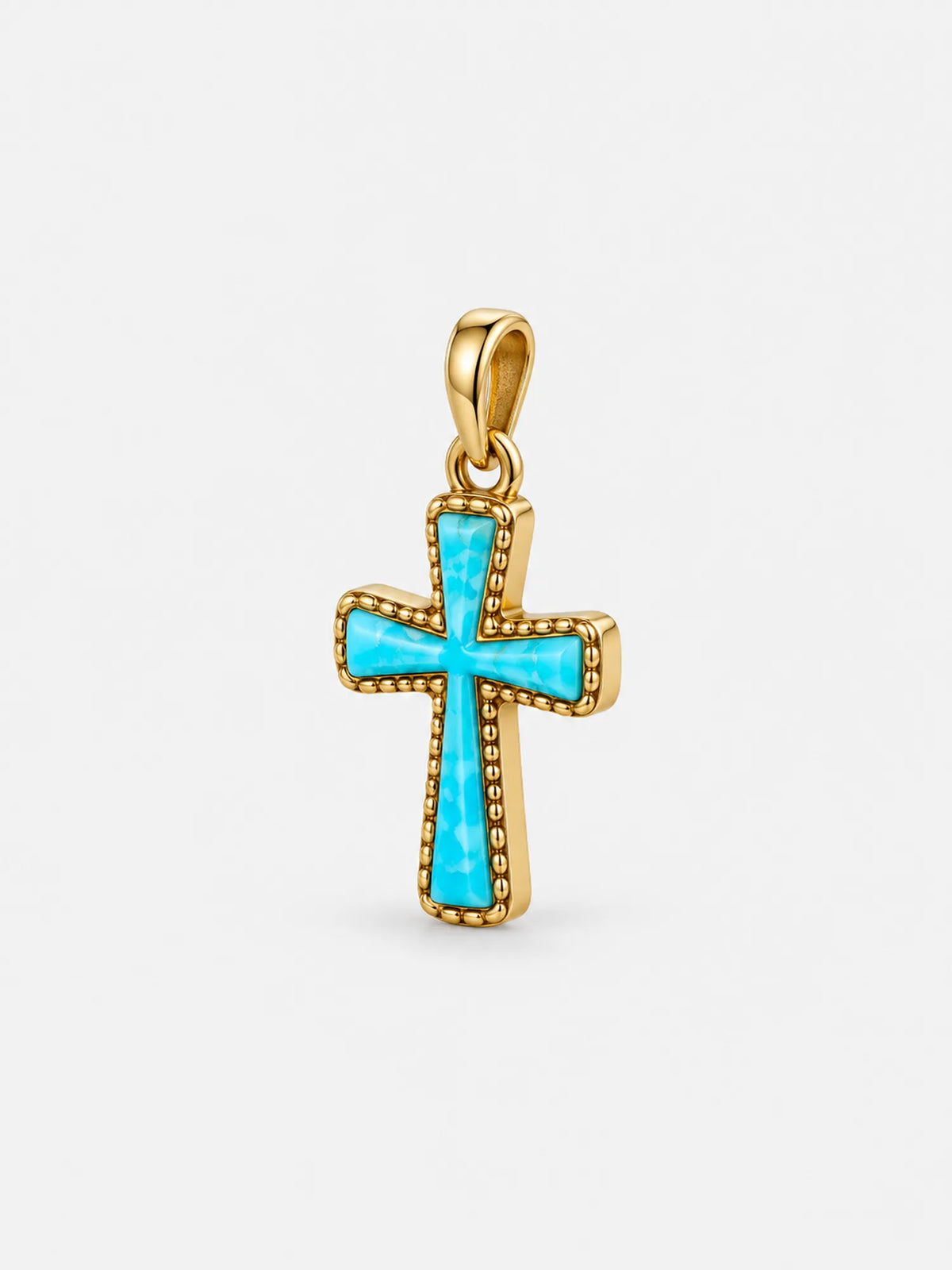 Collier avec croix en pierre turquoise et chaîne perlée dorée