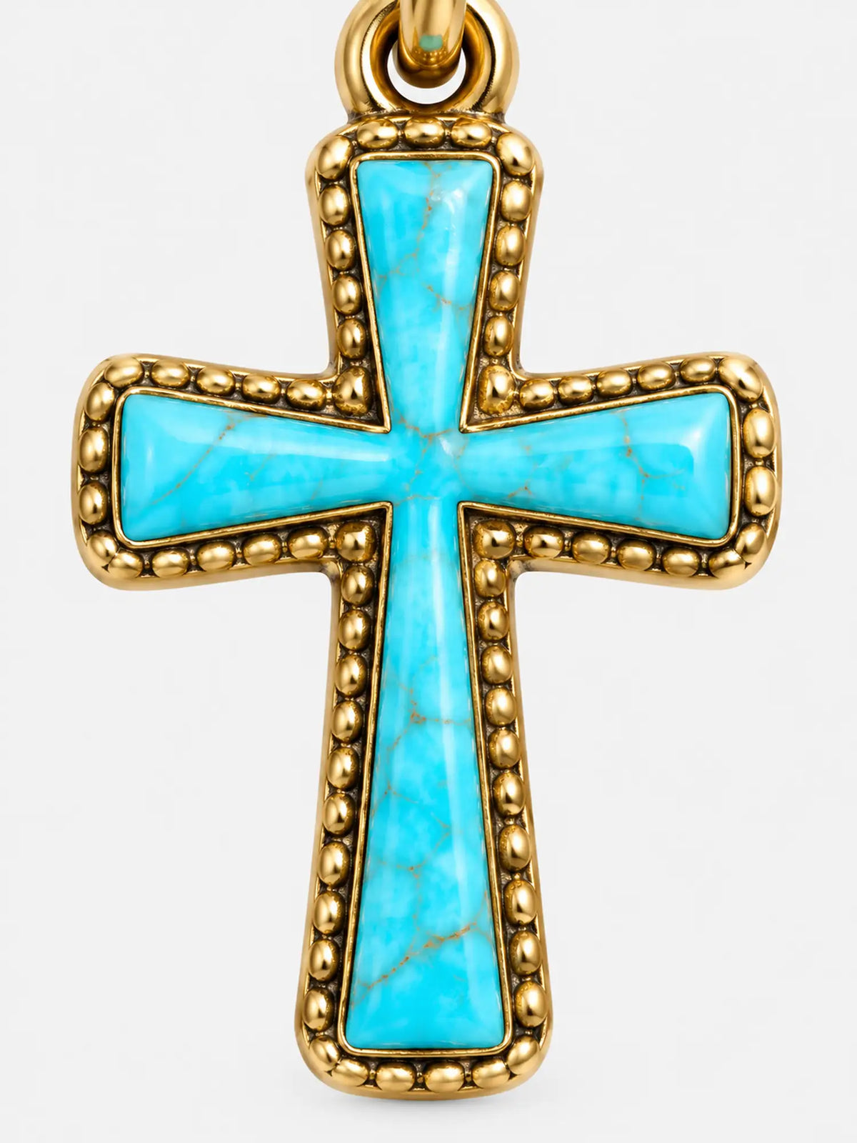Collier avec croix en pierre turquoise et chaîne perlée dorée