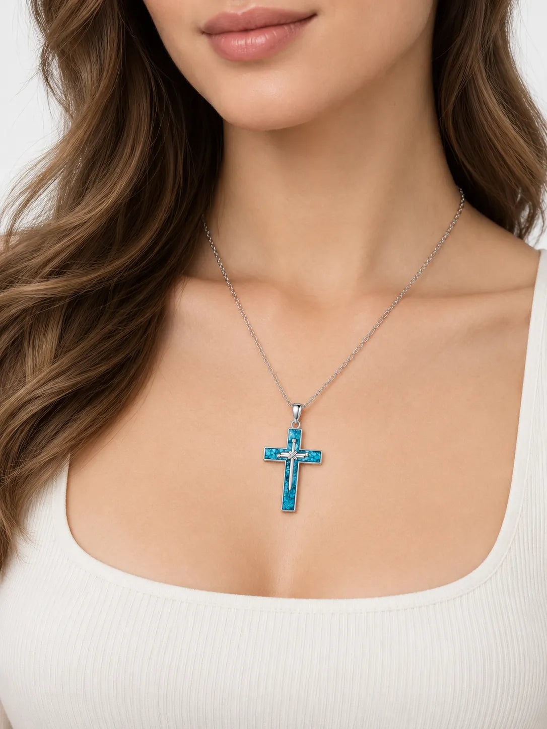 Turquoise Inlay Cross Pendant Necklace