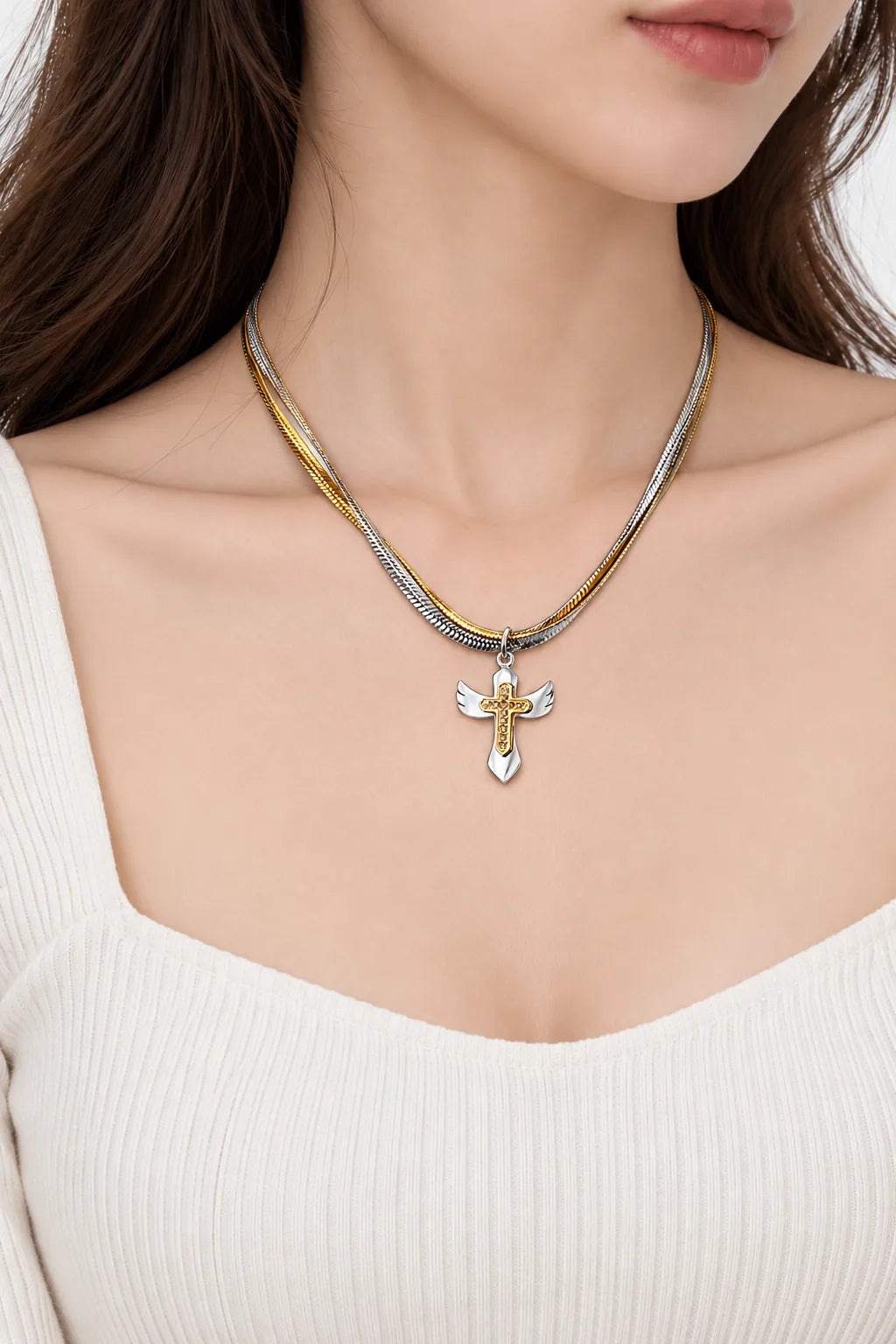 Two-Tone Angel Wing Stainless Steel Cross Necklace