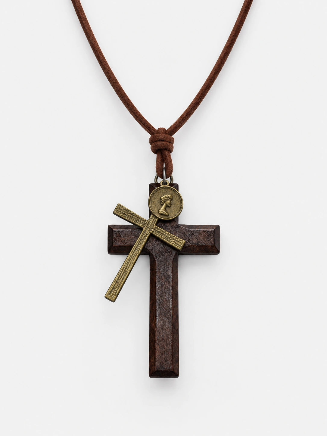 Vintage Wooden Necklace with Cross Pendant