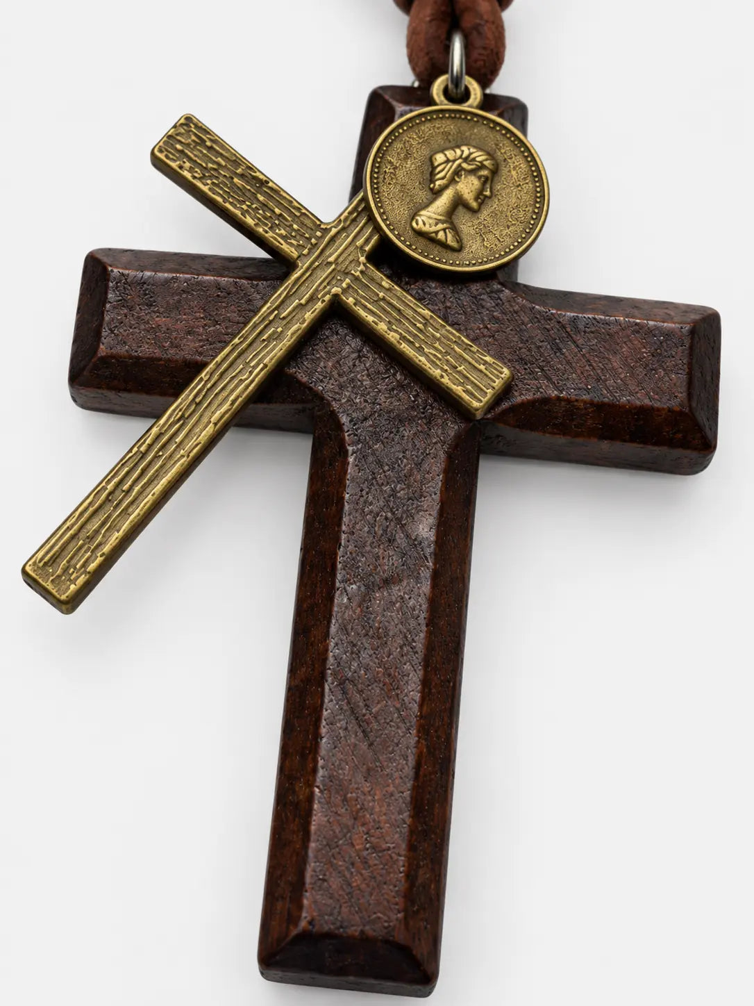 Vintage Wooden Necklace with Cross Pendant