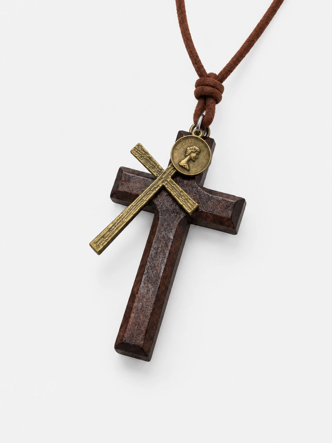 Vintage Wooden Necklace with Cross Pendant