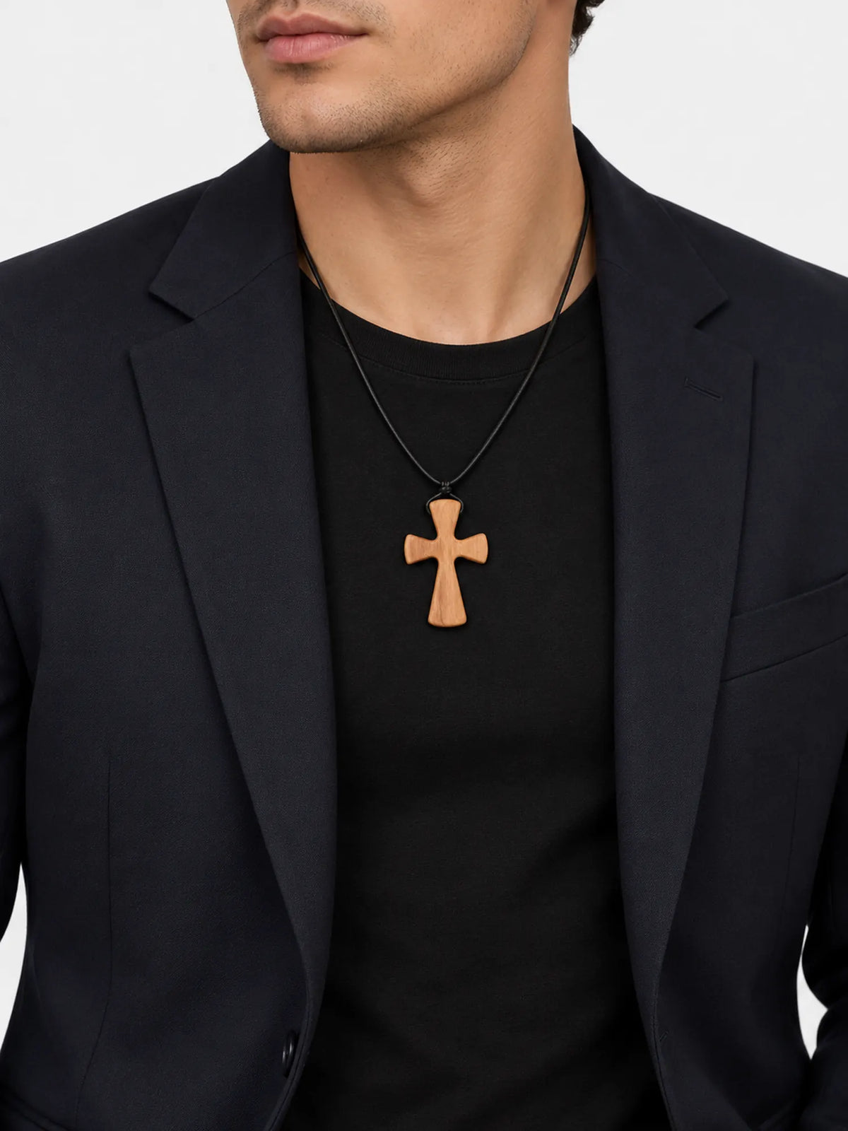 Olive Wood Cross Necklace with Adjustable Black Cord