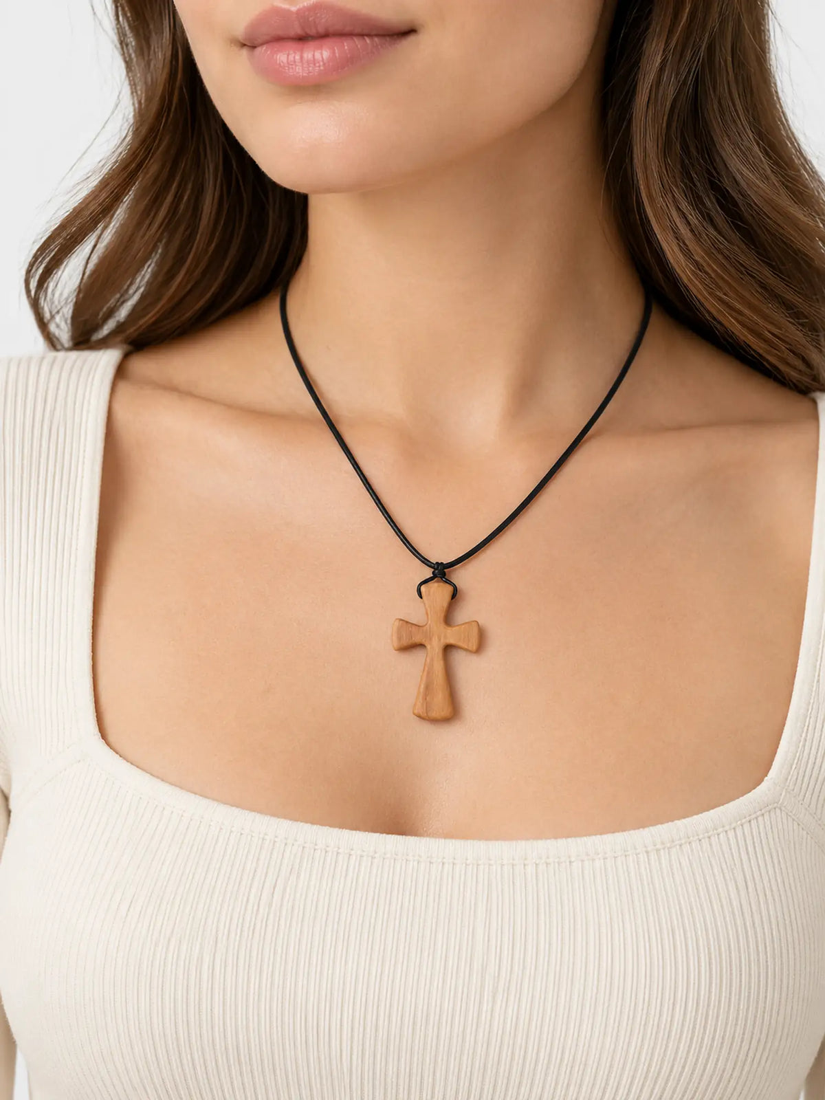 Olive Wood Cross Necklace with Adjustable Black Cord